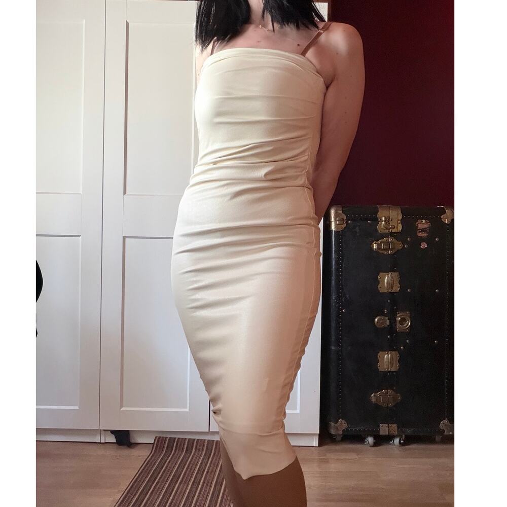white leather strapless dress with ruching